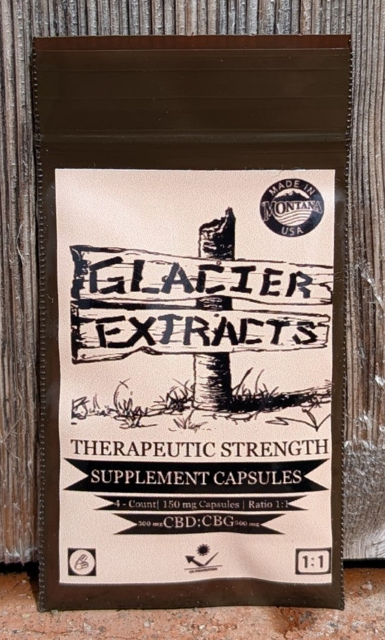 Glacier Extracts CBD:CBG Ratio capsules, 4-count resealable pouch, front label

