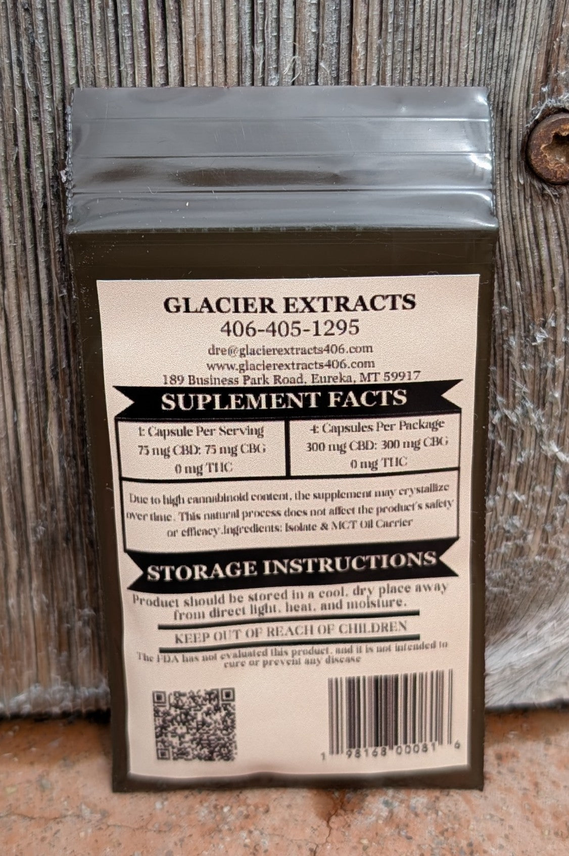 Back of Glacier Extracts CBD:CBG Ratio capsule pouch showing supplement facts, storage instructions, QR code, and barcode

