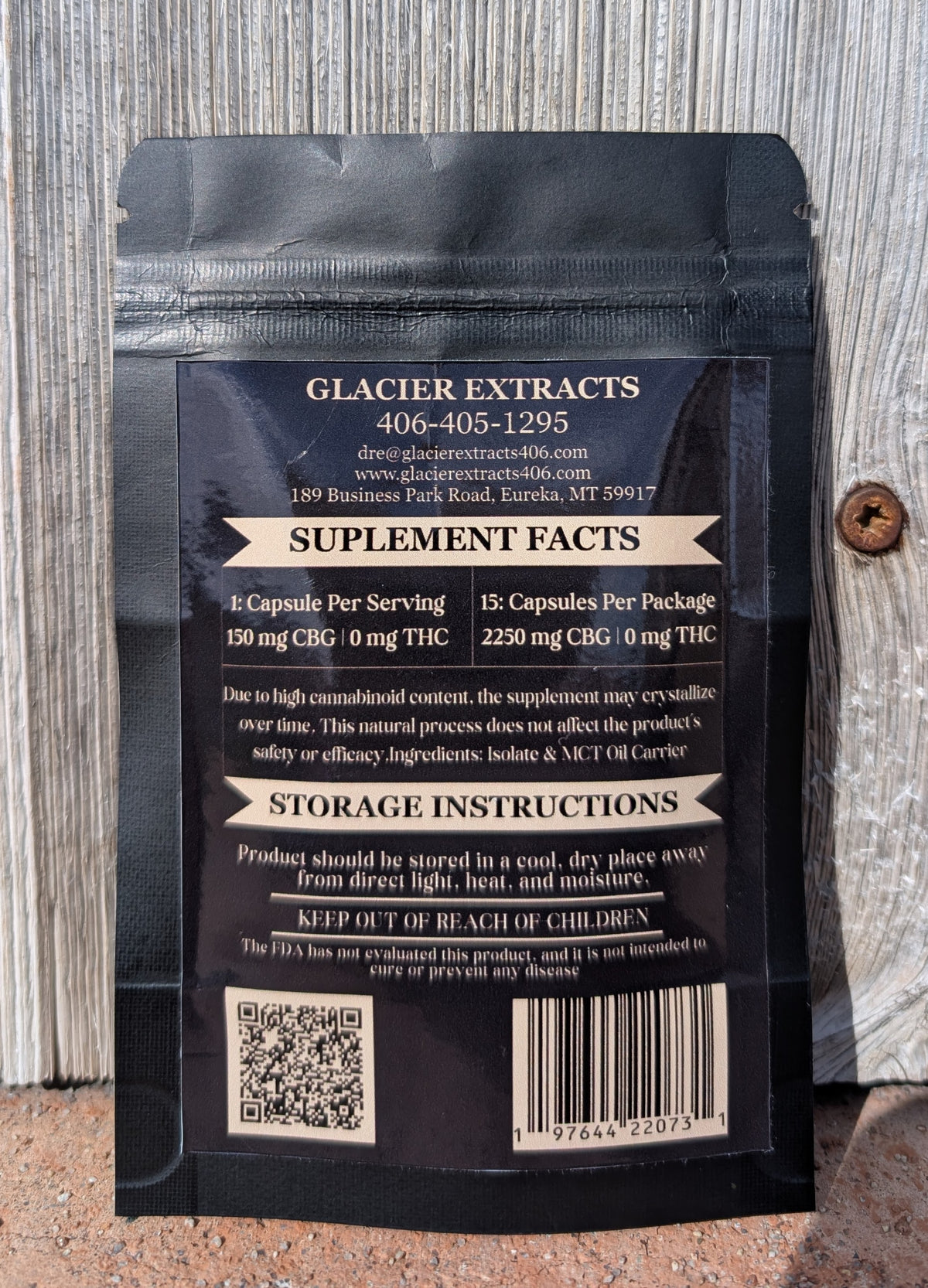 Back of Glacier Extracts CBG capsule pouch showing supplement facts, storage instructions, QR code, and barcode

